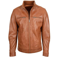 Men’s Tan Ribbed Collar Biker Leather Jacket 