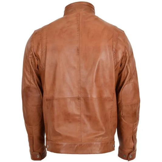 Men’s Tan Ribbed Collar Biker Leather Jacket 