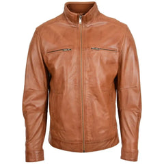Men’s Tan Ribbed Collar Biker Leather Jacket 