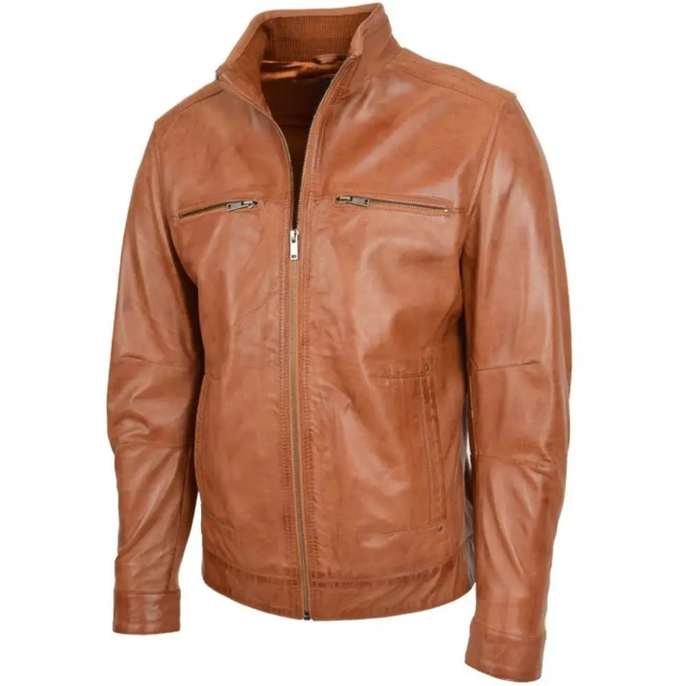 Men’s Tan Ribbed Collar Biker Leather Jacket 
