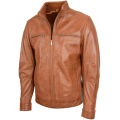 Men’s Tan Ribbed Collar Biker Leather Jacket 