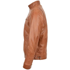 Men’s Tan Ribbed Collar Biker Leather Jacket 