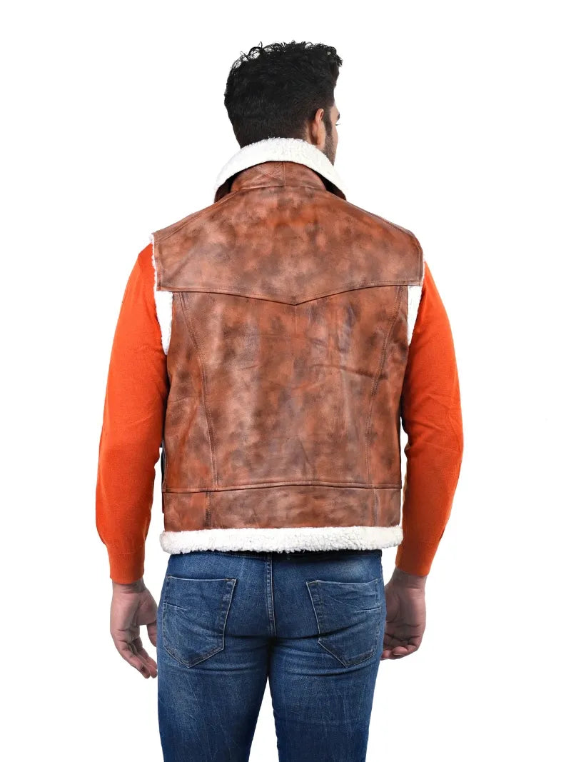 Men's tan cowhide shearling leather jacket, back view