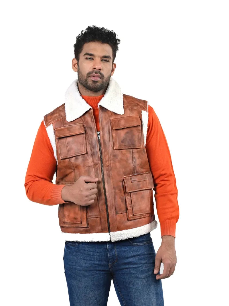 Men's tan cowhide shearling leather jacket, front view