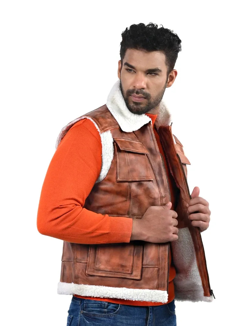 Men's tan cowhide shearling leather jacket, side view