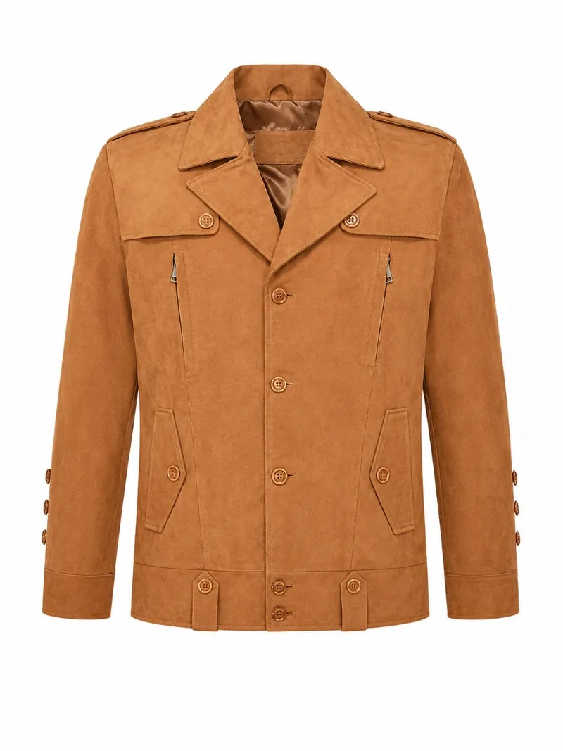 Men’s Tan Suede Button up Style Leather Jacket Front 