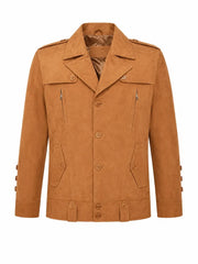 Men’s Tan Suede Button up Style Leather Jacket Front 
