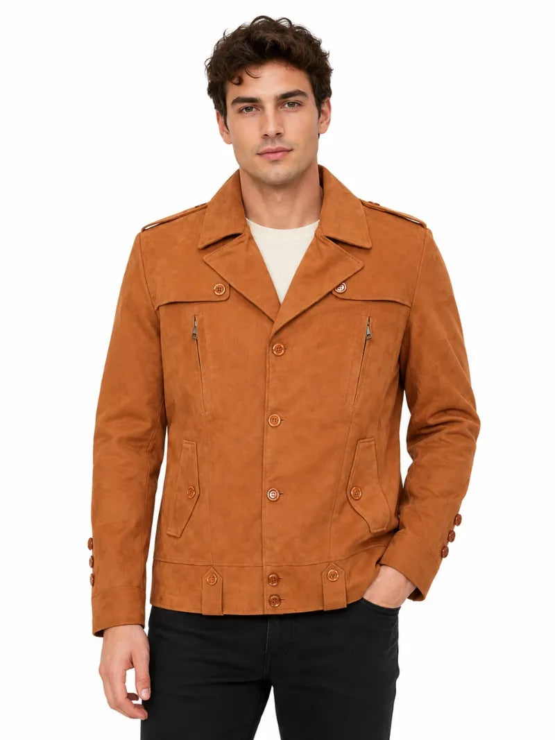 Men’s Tan Suede Button up Style Leather Jacket Full