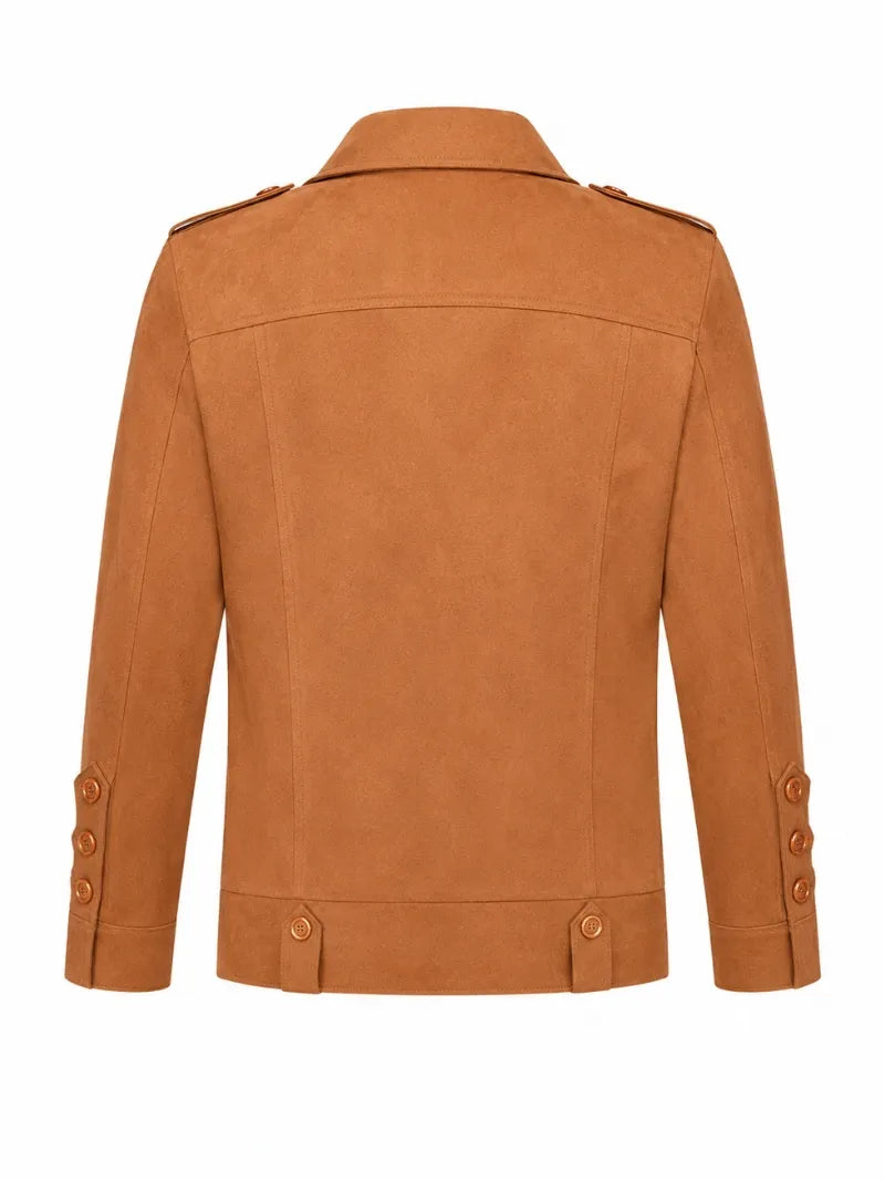 Men’s Tan Suede Button up Style Leather Jacket Back 