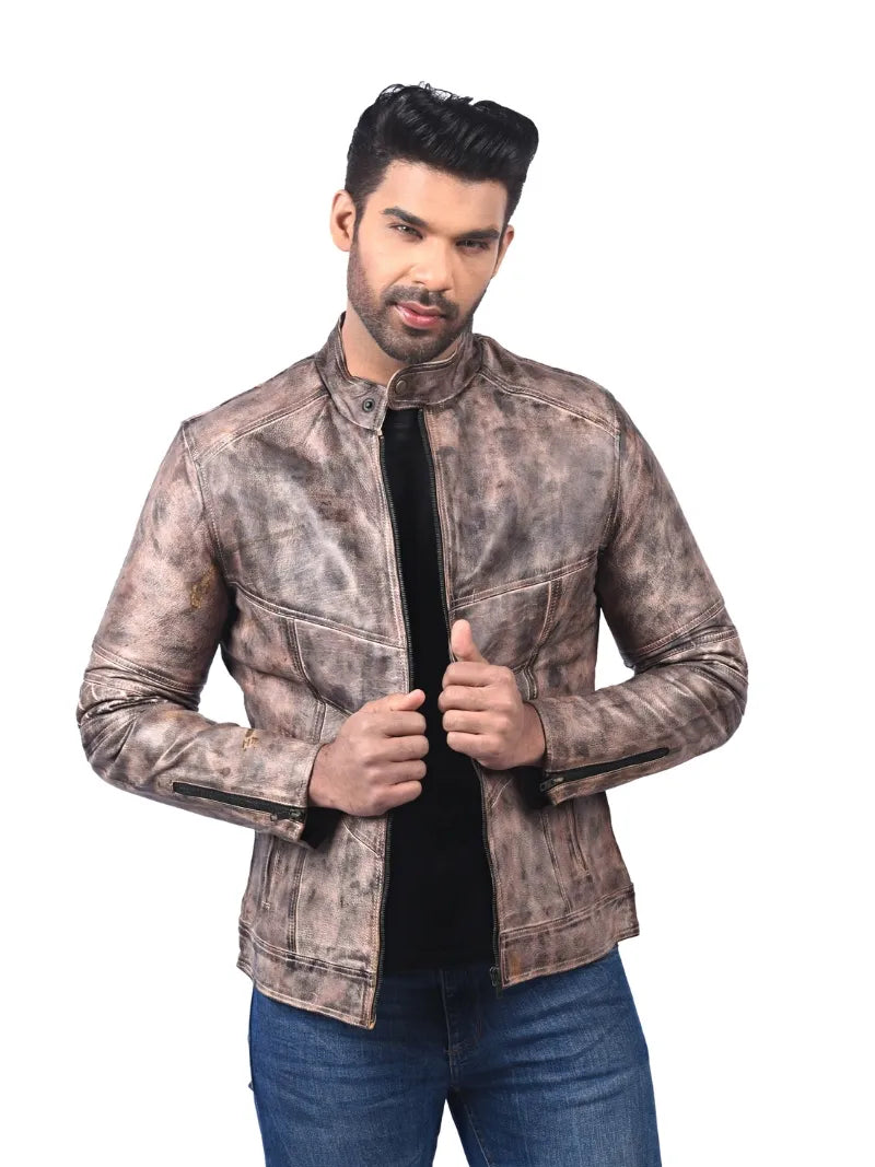 Men’s Tan Washed Leather Jacket Full