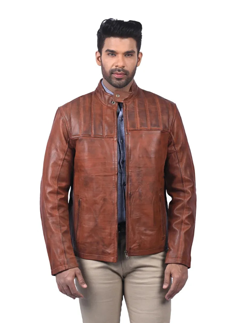 Men’s Tan Zip-Up Leather Jacket Front 