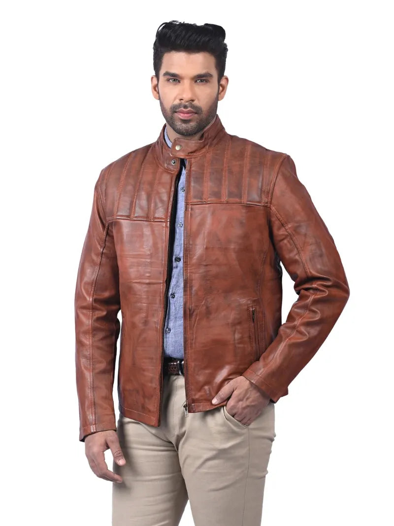 Men’s Tan Zip-Up Leather Jacket Full