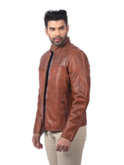 Men’s Tan Zip-Up Leather Jacket Left 