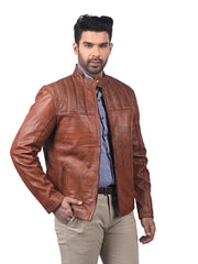 Men’s Tan Zip-Up Leather Jacket Right 