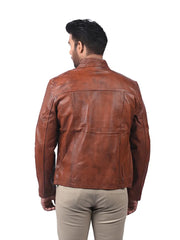 Men’s Tan Zip-Up Leather Jacket Back 