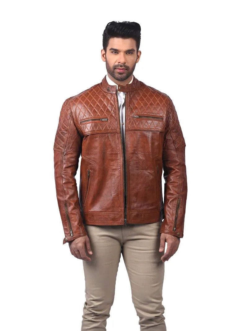 Men’s Tan Zip-Up Quilted Leather Jacket Front 
