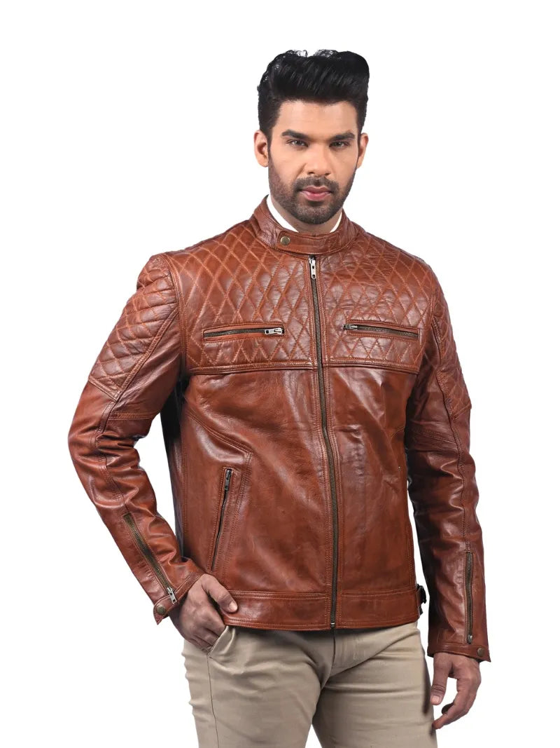 Men’s Tan Zip-Up Quilted Leather Jacket Right