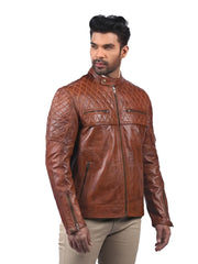 Men’s Tan Zip-Up Quilted Leather Jacket Right 
