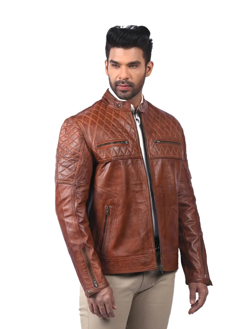 Men’s Tan Zip-Up Quilted Leather Jacket Full 