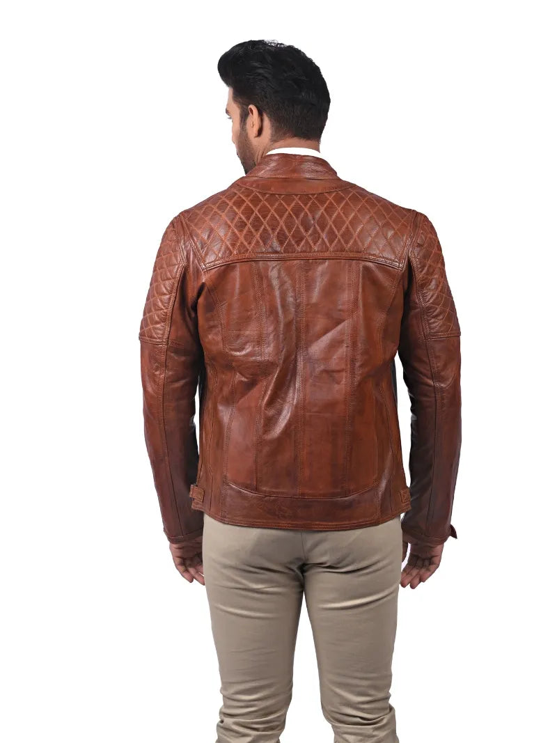 Men’s Tan Zip-Up Quilted Leather Jacket Back