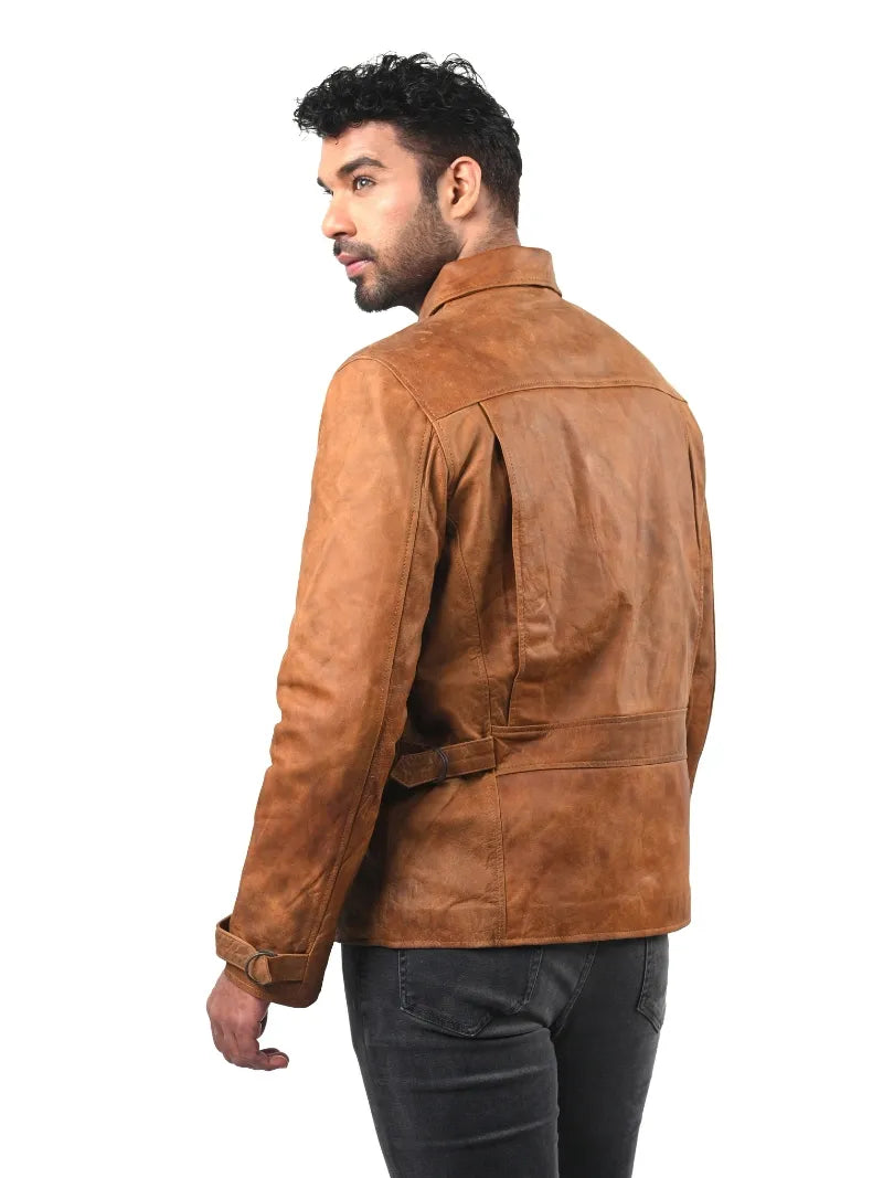 Men’s Tan Asymmetrical Zip Leather Jacket Back 