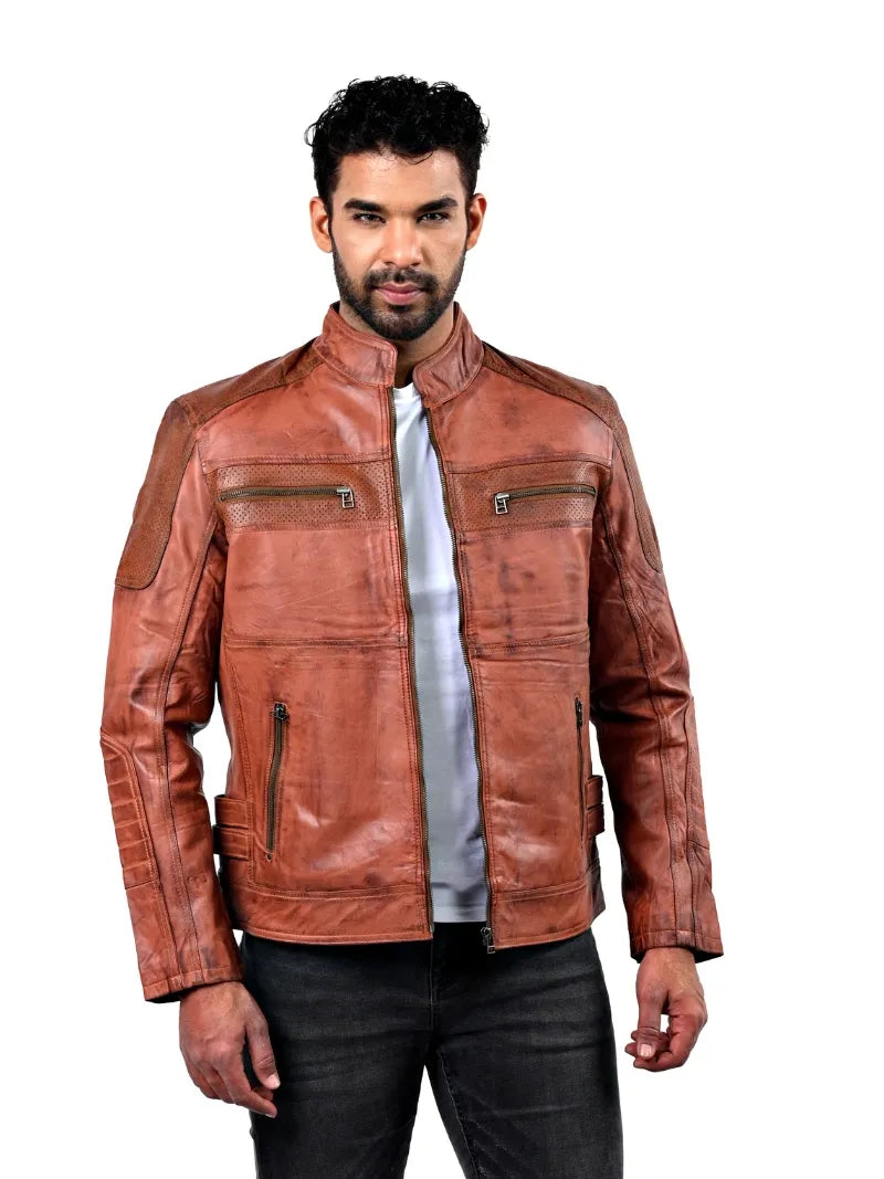 Men’s Tan Zip Pocket Leather Jacket Front 
