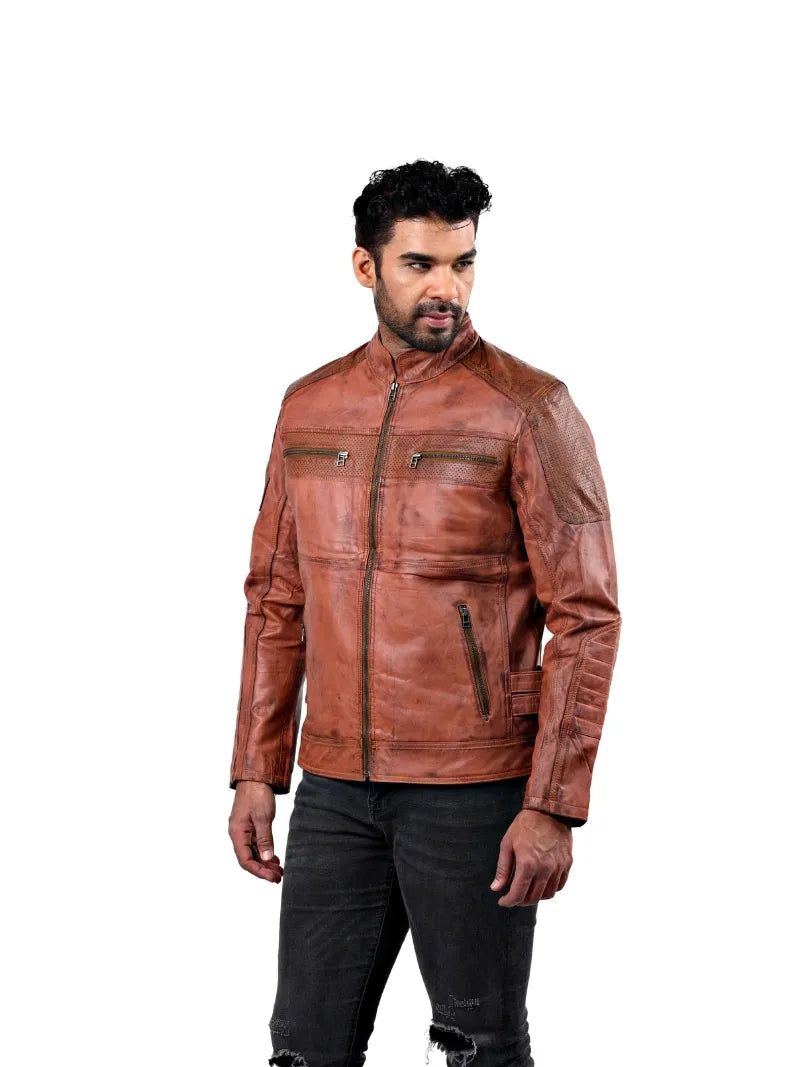 Men’s Tan Zip Pocket Leather Jacket Full