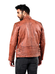 Men’s Tan Zip Pocket Leather Jacket Back 