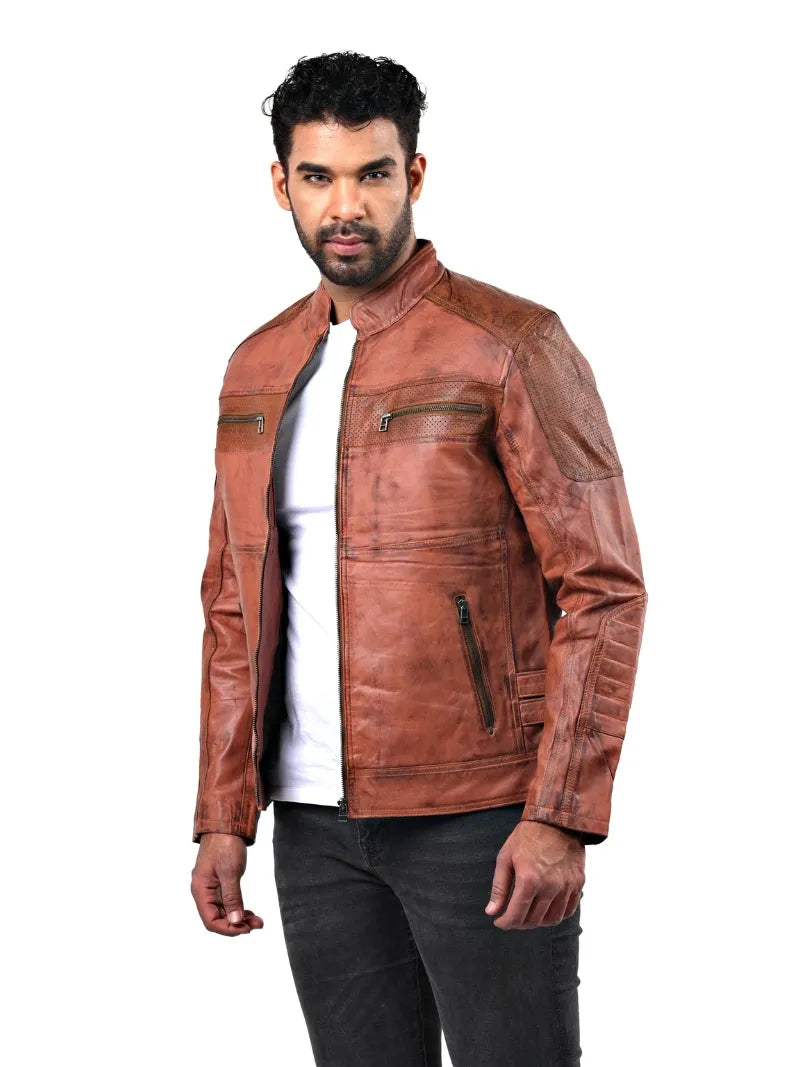 Men’s Tan Zip Pocket Leather Jacket Left 