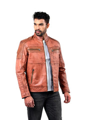 Men’s Tan Zip Pocket Leather Jacket Right 