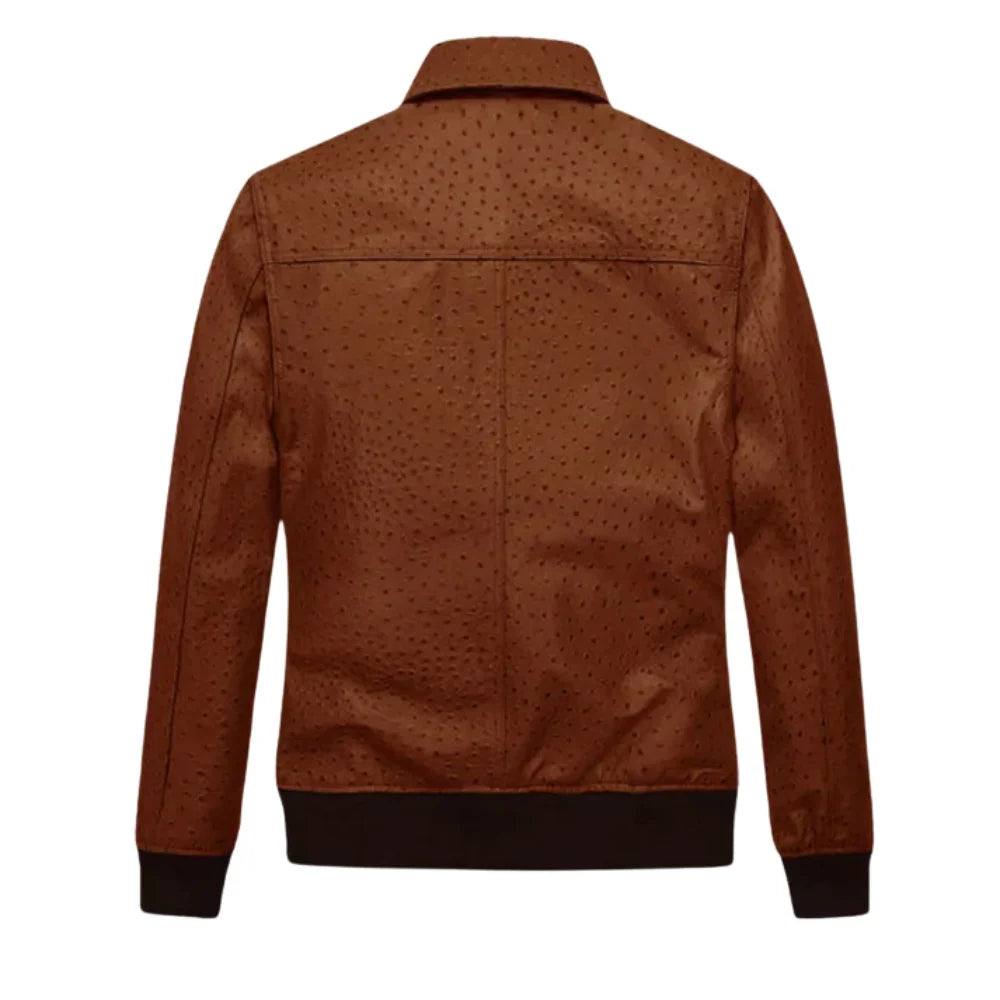Men’s Textured Brown Leather Jacket with Flap Pockets