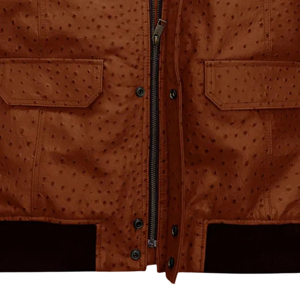 Men’s Textured Brown Leather Jacket with Flap Pockets