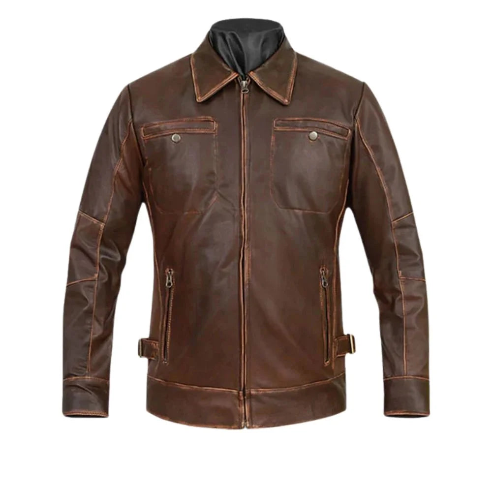 Men’s Vintage Brown Leather Shirt Collar Jacket