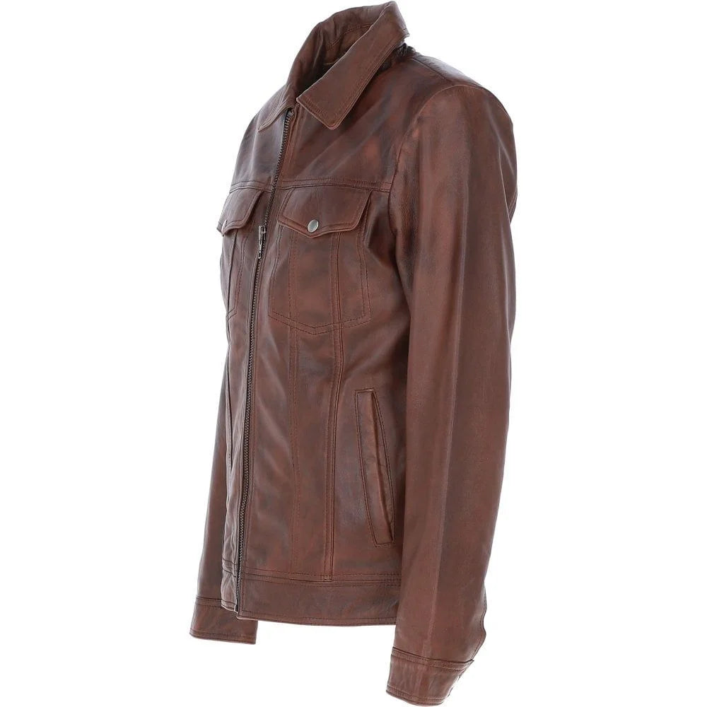 Men's Vintage Brown Leather Zip-Up Jacket