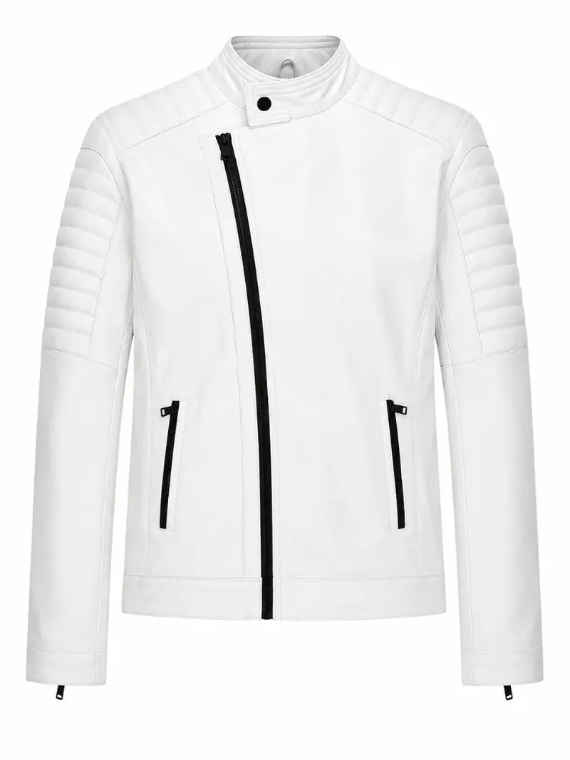 Men's White Asymmetrical Zipper Leather Jacket Front 