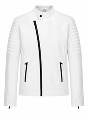 Men's White Asymmetrical Zipper Leather Jacket Front 