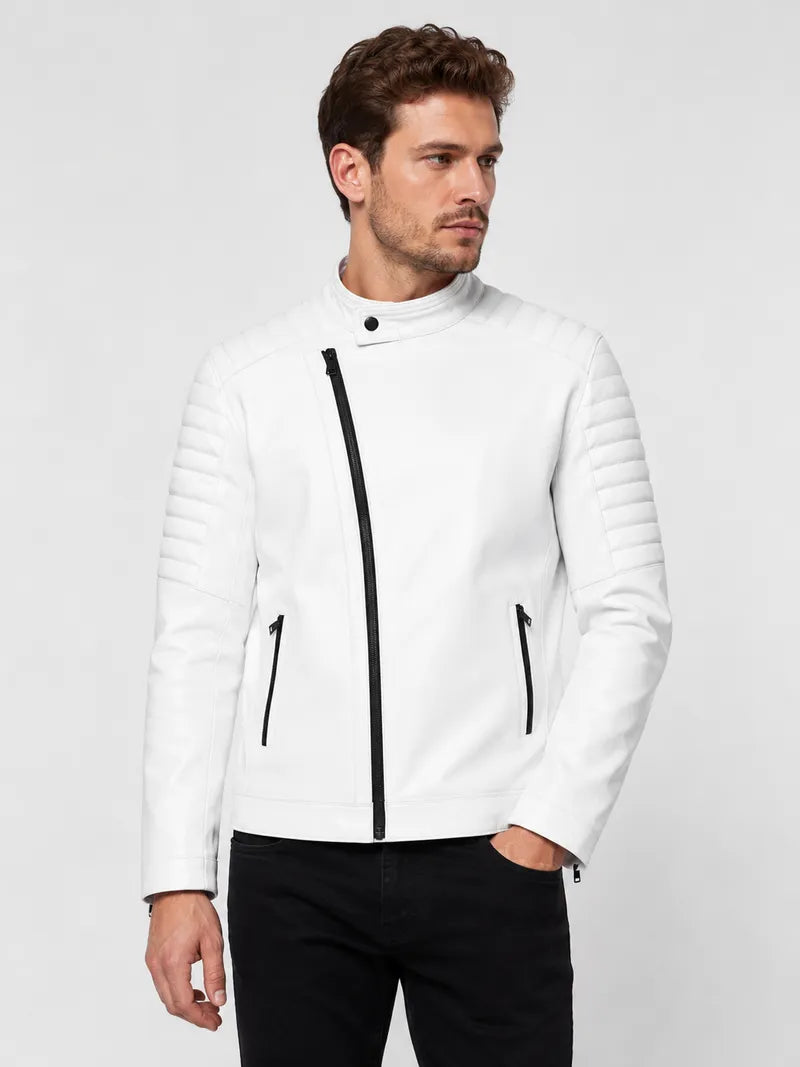 Men's White Asymmetrical Zipper Leather Jacket Full
