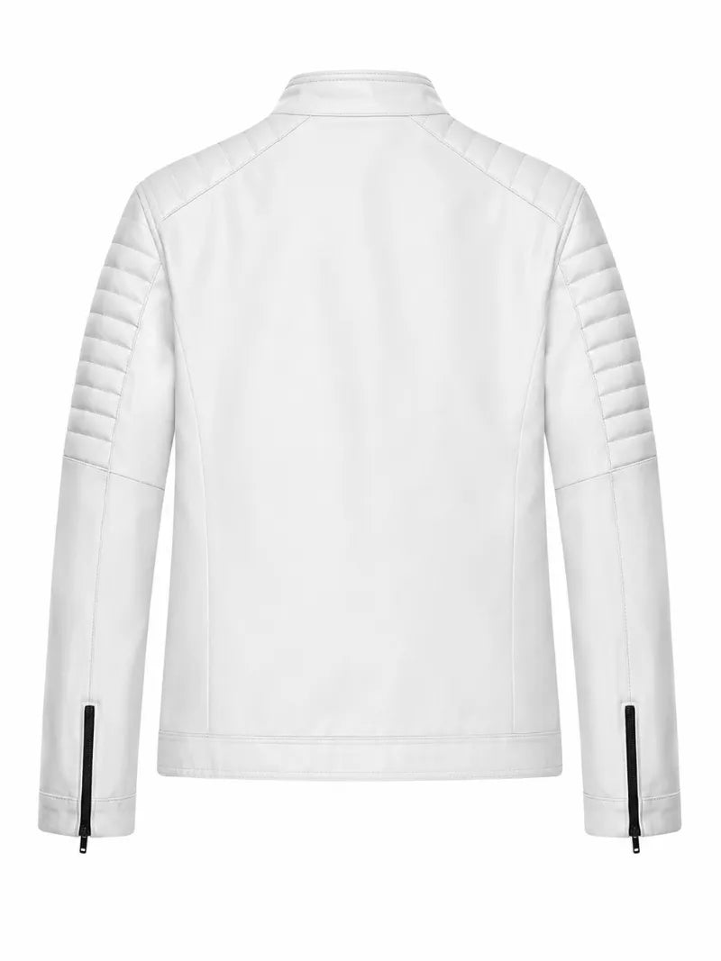 Men's White Asymmetrical Zipper Leather Jacket Back