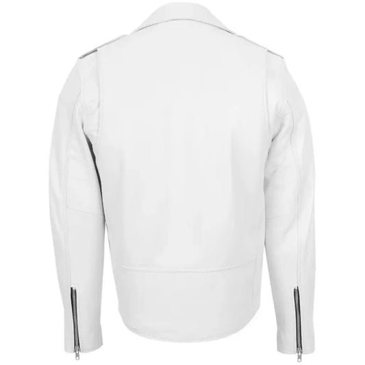 Men’s White Belted Brando Leather Biker Jacket 