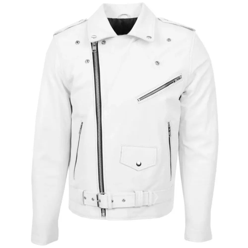Men’s White Belted Brando Leather Biker Jacket 