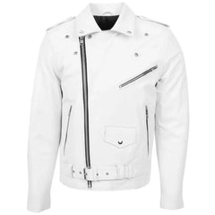 Men’s White Belted Brando Leather Biker Jacket 
