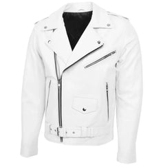 Men’s White Belted Brando Leather Biker Jacket 