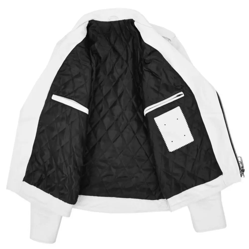 Men’s White Belted Brando Leather Biker Jacket 