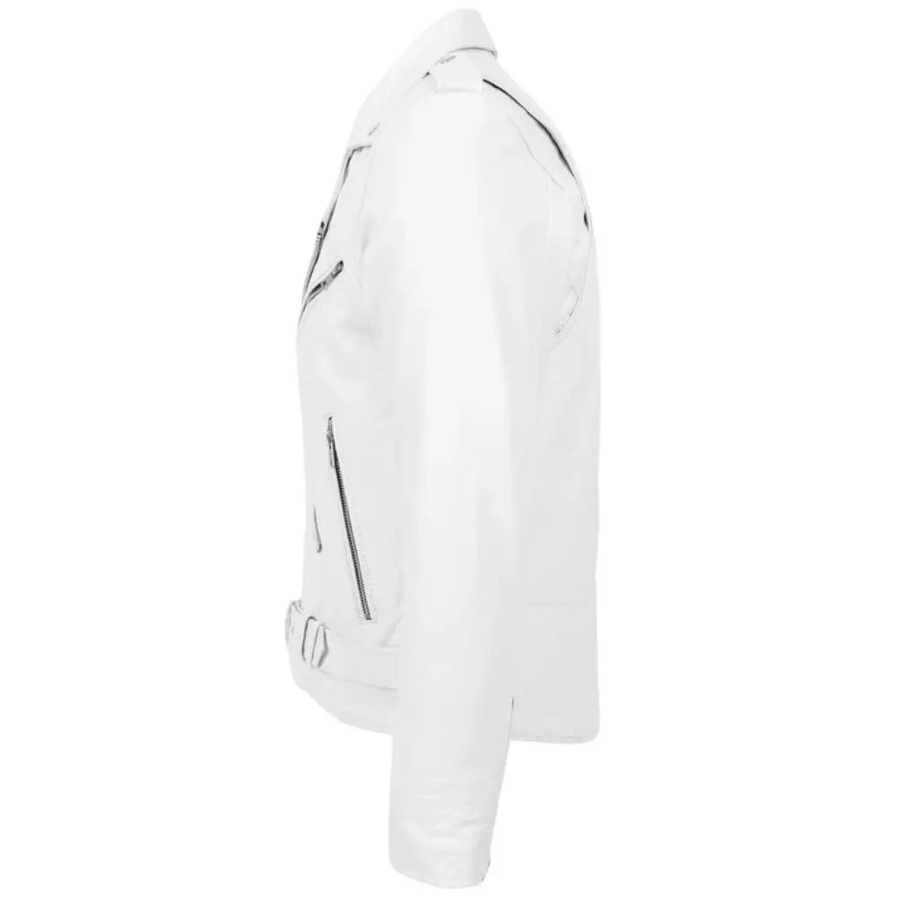 Men’s White Belted Brando Leather Biker Jacket 