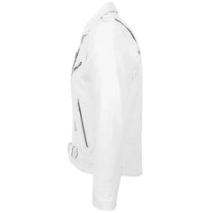 Men’s White Belted Brando Leather Biker Jacket 