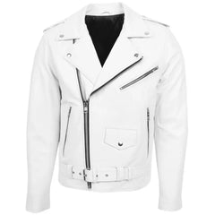 Men’s White Belted Brando Leather Biker Jacket 