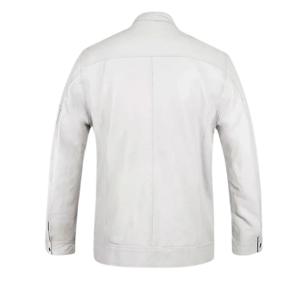 Men’s White Leather Jacket with Snap Collar