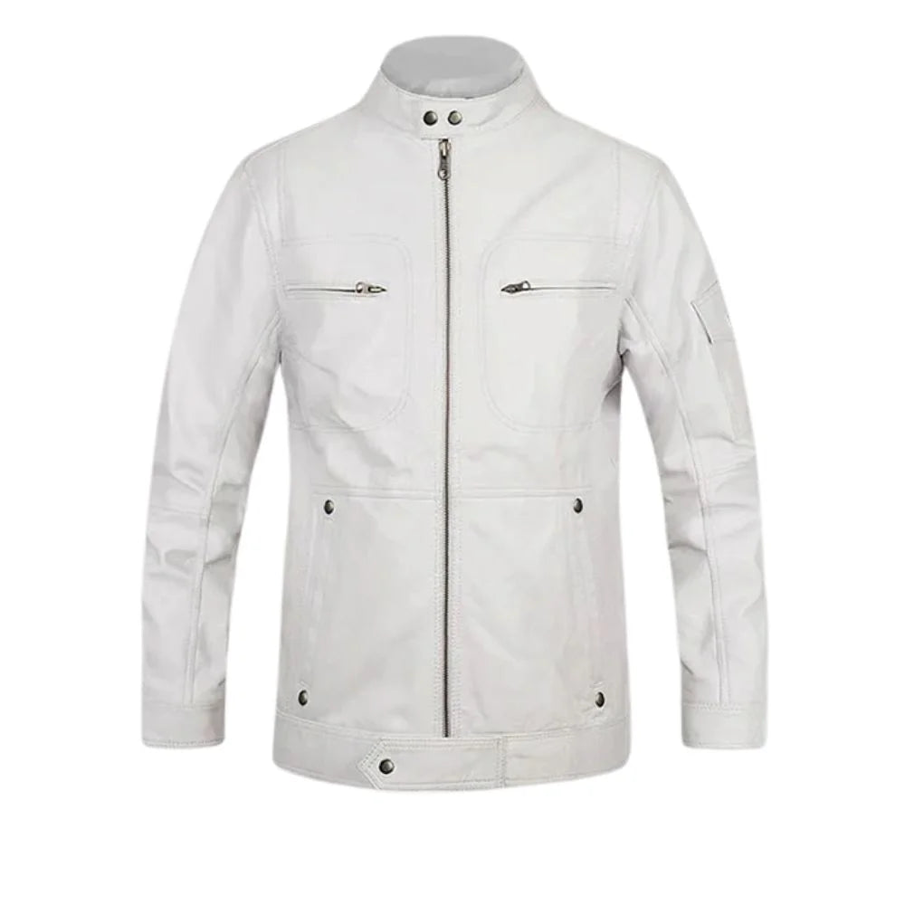 Men’s White Leather Jacket with Snap Collar
