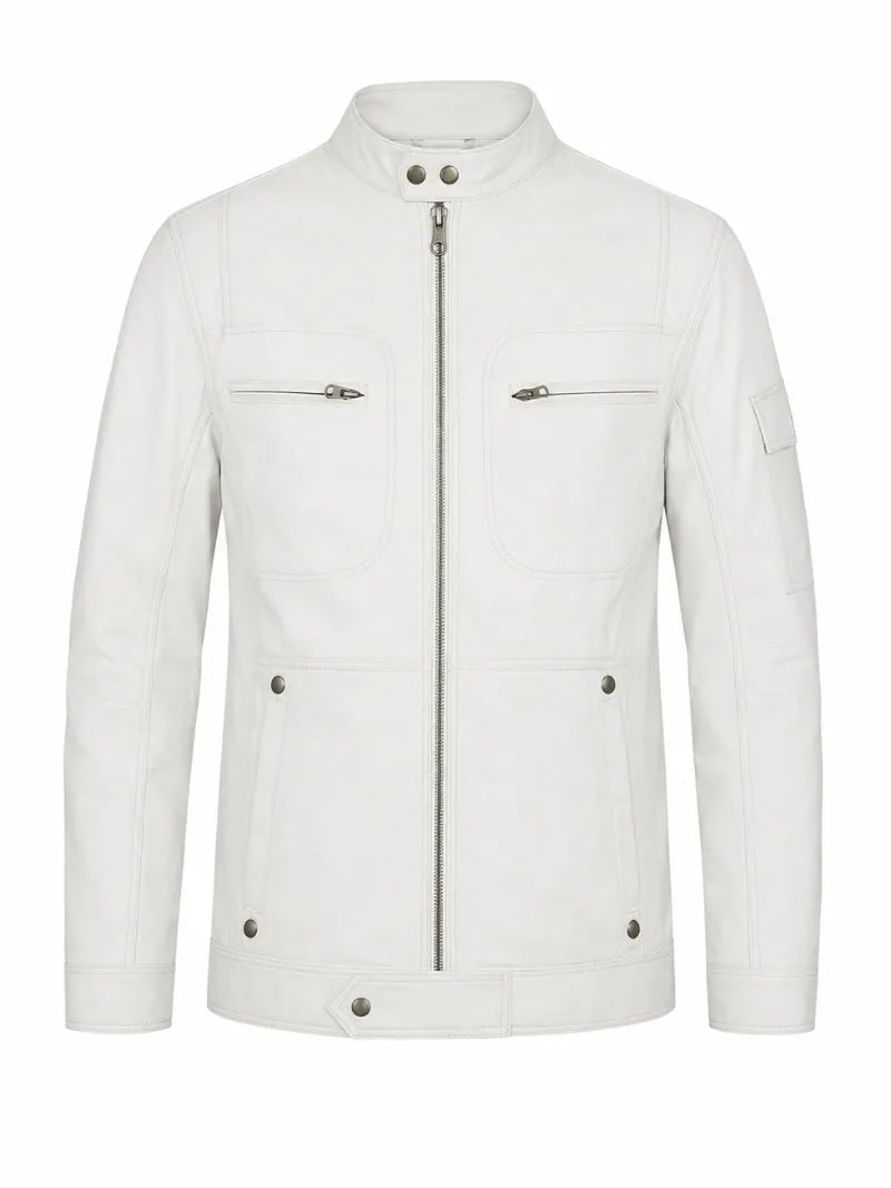 Men’s White Leather Jacket with Snap Collar Front 