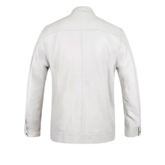 Men’s White Leather Jacket with Snap Collar